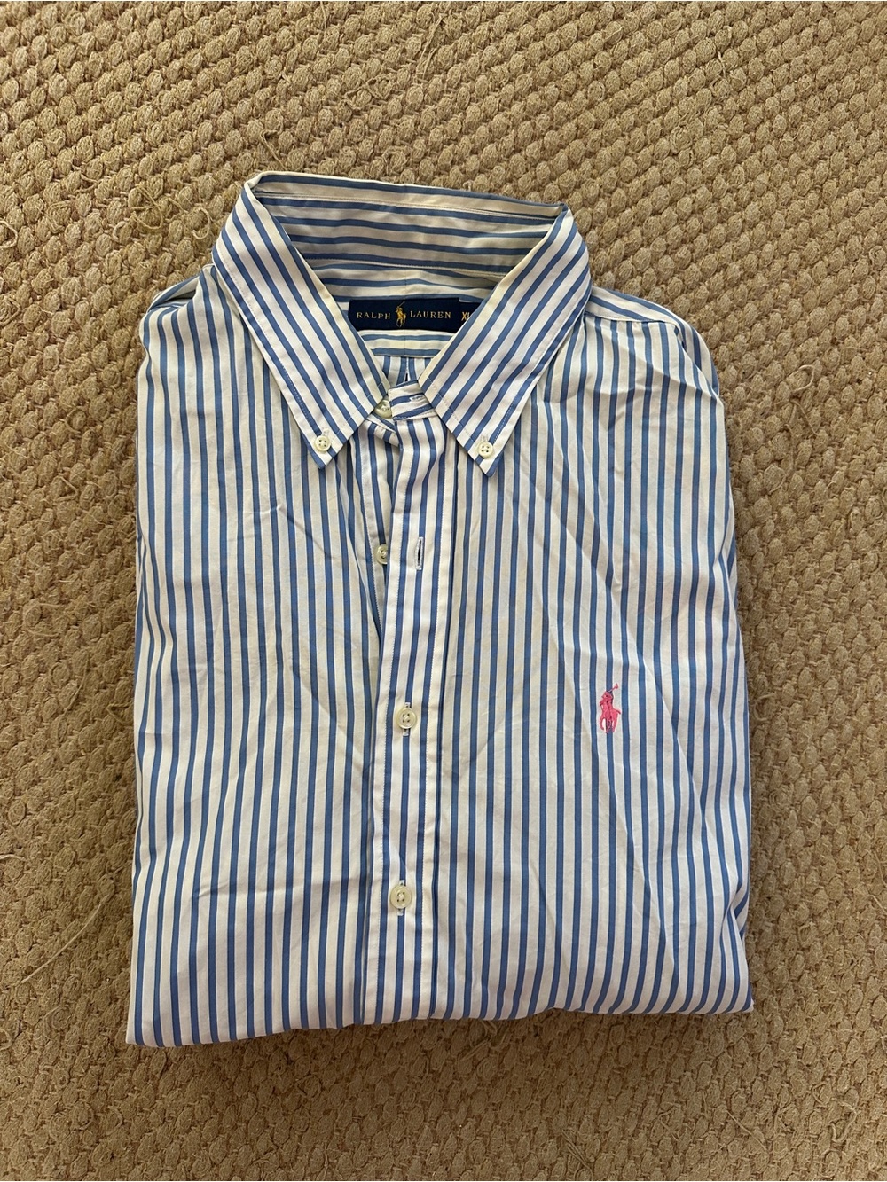 Ralph Lauren Blue and White Vertical Stripe Button-Down Shirt with Pink Pony